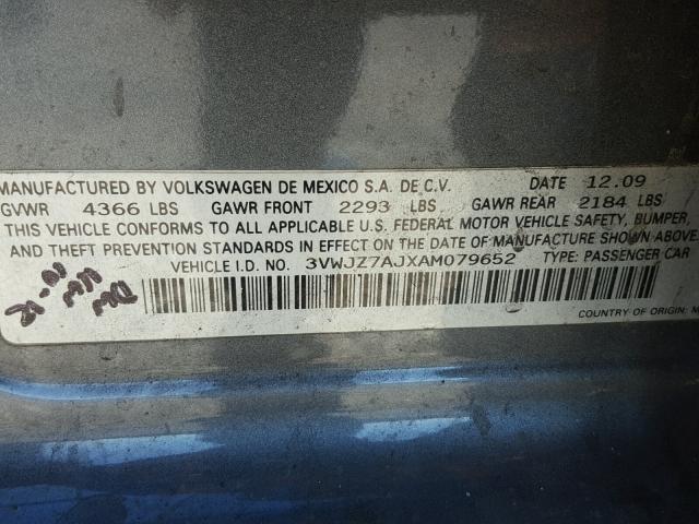 3VWJZ7AJXAM079652 - 2010 VOLKSWAGEN JETTA S CHARCOAL photo 10