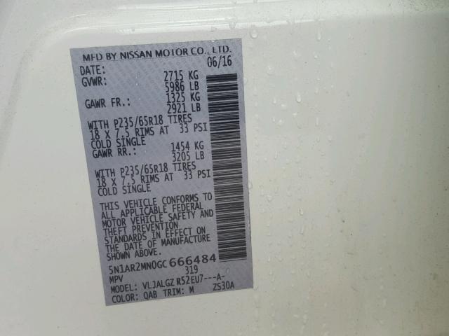 5N1AR2MN0GC666484 - 2016 NISSAN PATHFINDER WHITE photo 10