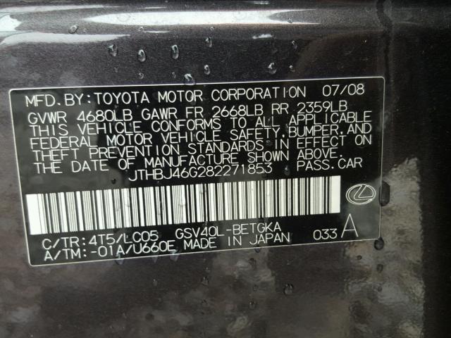 JTHBJ46G282271853 - 2008 LEXUS ES 350 GRAY photo 10