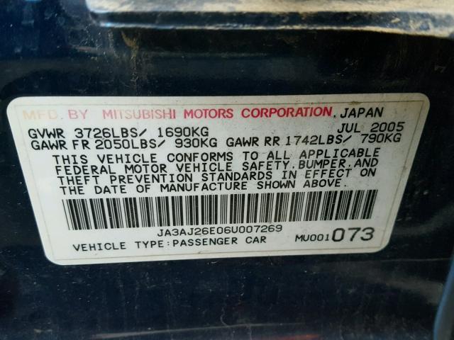 JA3AJ26E06U007269 - 2006 MITSUBISHI LANCER ES BLUE photo 10