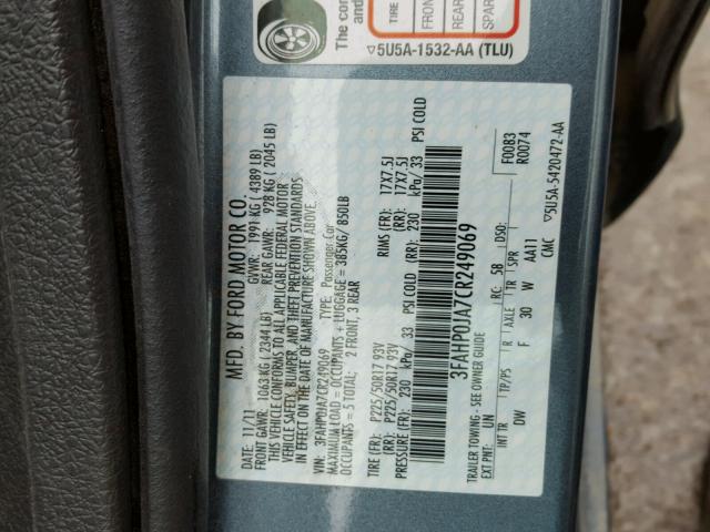 3FAHP0JA7CR249069 - 2012 FORD FUSION GREEN photo 10