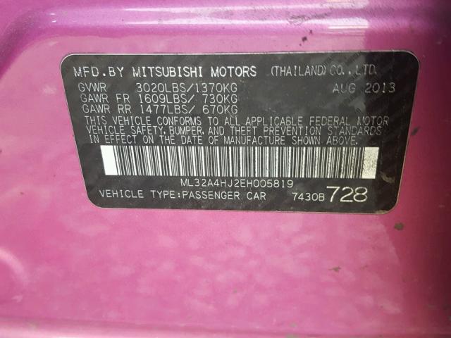 ML32A4HJ2EH005819 - 2014 MITSUBISHI MIRAGE ES PINK photo 10