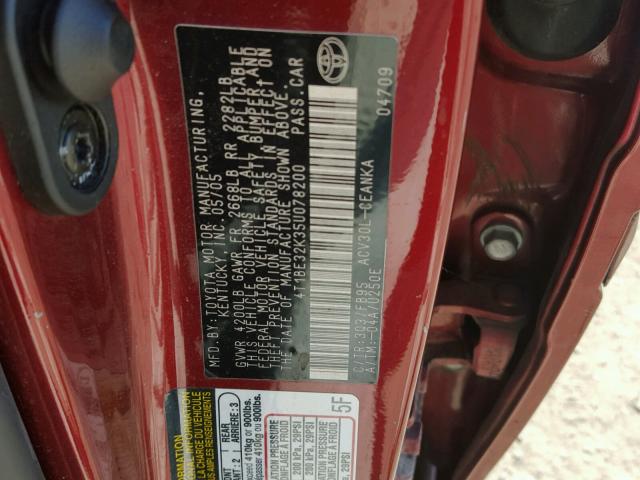 4T1BE32K35U078200 - 2005 TOYOTA CAMRY LE RED photo 10