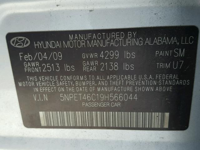 5NPET46C19H566044 - 2009 HYUNDAI SONATA GLS SILVER photo 10