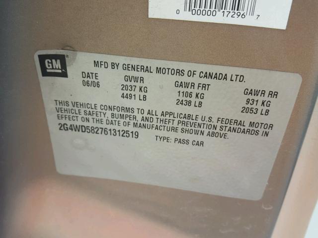 2G4WD582761312519 - 2006 BUICK LACROSSE C BEIGE photo 10