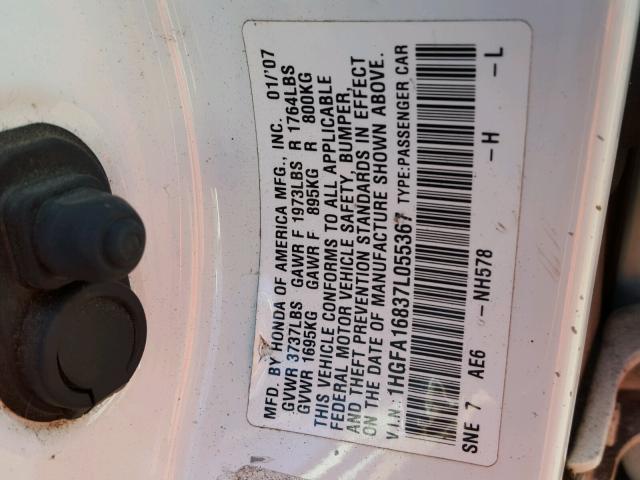 1HGFA16837L055367 - 2007 HONDA CIVIC WHITE photo 10