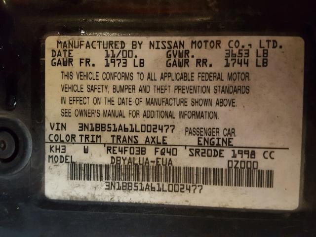 3N1BB51A61L002477 - 2001 NISSAN SENTRA SE BLACK photo 10