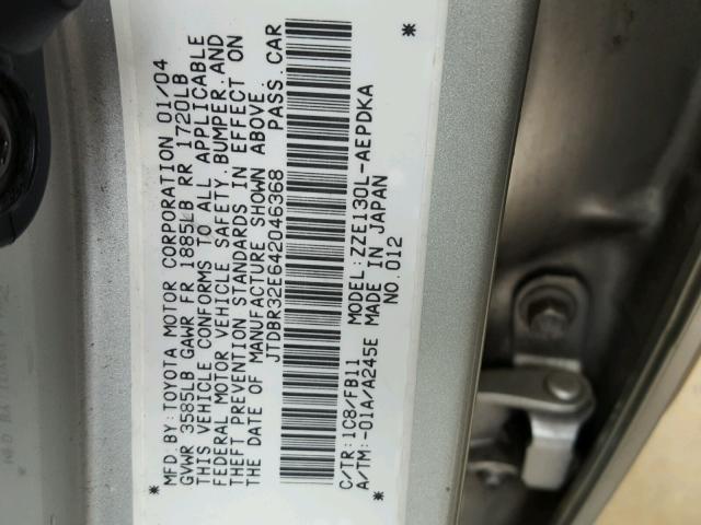 JTDBR32E642046368 - 2004 TOYOTA COROLLA CE SILVER photo 10