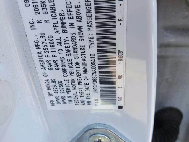 1HGCP36879A009410 - 2009 HONDA ACCORD EXL WHITE photo 10