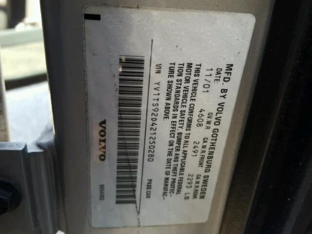 YV1TS92D421250280 - 2002 VOLVO S80 GRAY photo 10