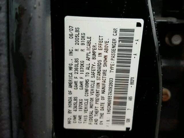 1HGCM66557A092803 - 2007 HONDA ACCORD BLACK photo 10