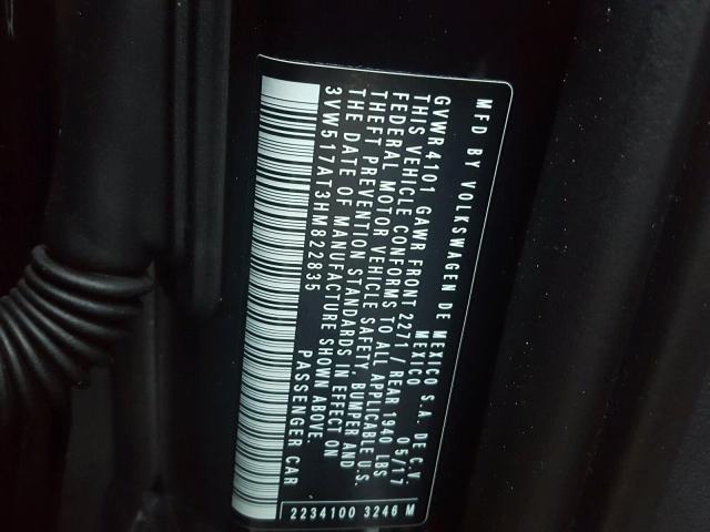 3VW517AT3HM822835 - 2017 VOLKSWAGEN BEETLE S/S 黑色 照片 10