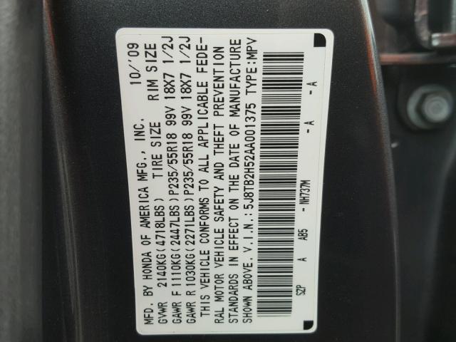 5J8TB2H52AA001375 - 2010 ACURA RDX TECHNO CHARCOAL photo 10