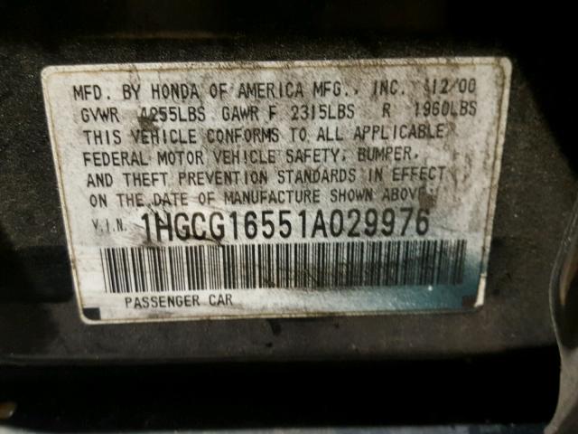 1HGCG16551A029976 - 2001 HONDA ACCORD EX GREEN photo 10