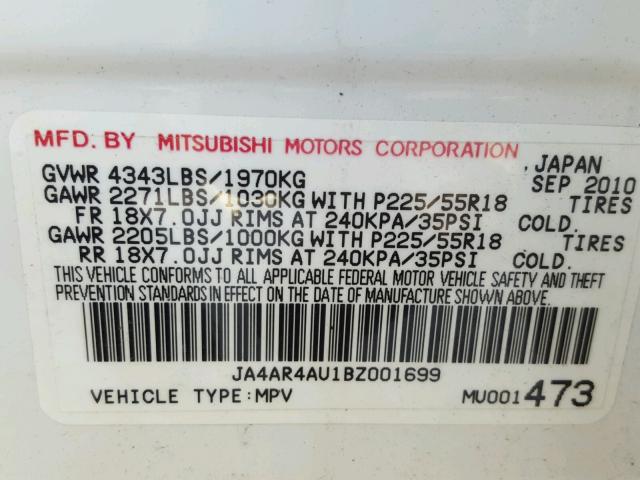 JA4AR4AU1BZ001699 - 2011 MITSUBISHI OUTLANDER WHITE photo 10