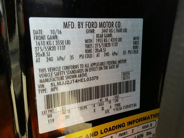 5LMJJ2JT4HEL03375 - 2017 LINCOLN NAVIGATOR BLACK photo 10