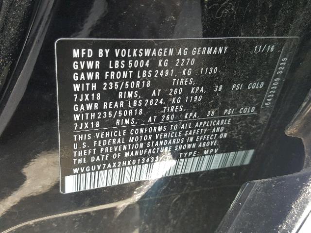 WVGUV7AX2HK013433 - 2017 VOLKSWAGEN TIGUAN SPO 黑色 照片 10