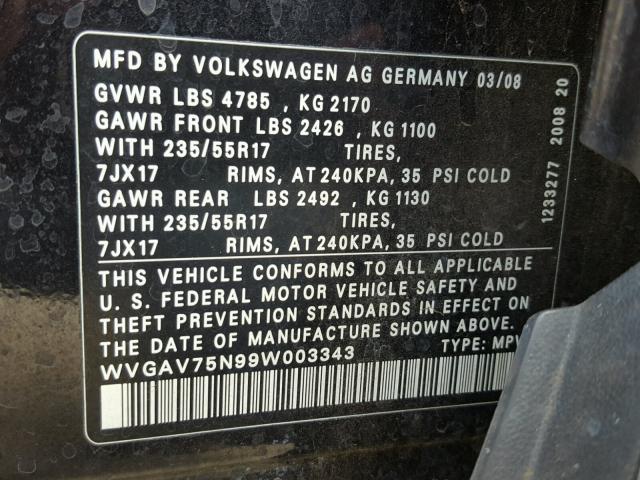 WVGAV75N99W003343 - 2009 VOLKSWAGEN TIGUAN S BLACK photo 10