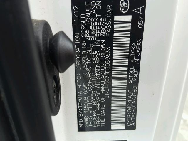 JTKJF5C75D3059633 - 2013 TOYOTA SCION TC 白色 照片 10