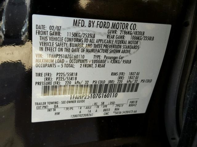 1FAHP25107G160110 - 2007 FORD FIVE HUNDR BLACK photo 10