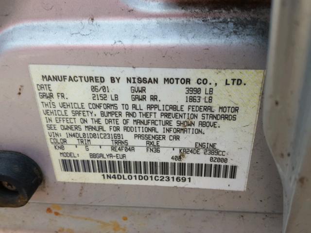 1N4DL01D01C231691 - 2001 NISSAN ALTIMA XE SILVER photo 10