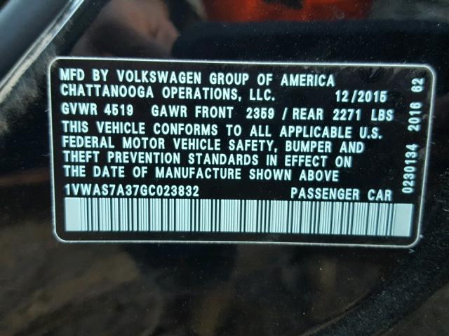 1VWAS7A37GC023832 - 2016 VOLKSWAGEN PASSAT S أسود صورة 10