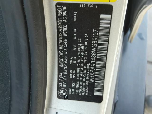 WBXPA93436WG89137 - 2006 BMW X3 3.0I SILVER photo 10