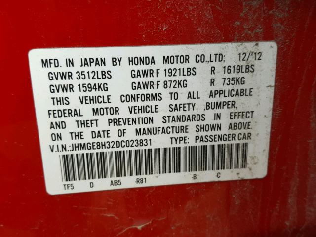 JHMGE8H32DC023831 - 2013 HONDA FIT RED photo 10