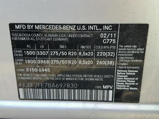 4JGBF2FE7BA697830 - 2011 MERCEDES-BENZ GL 350 BLU SILVER photo 10