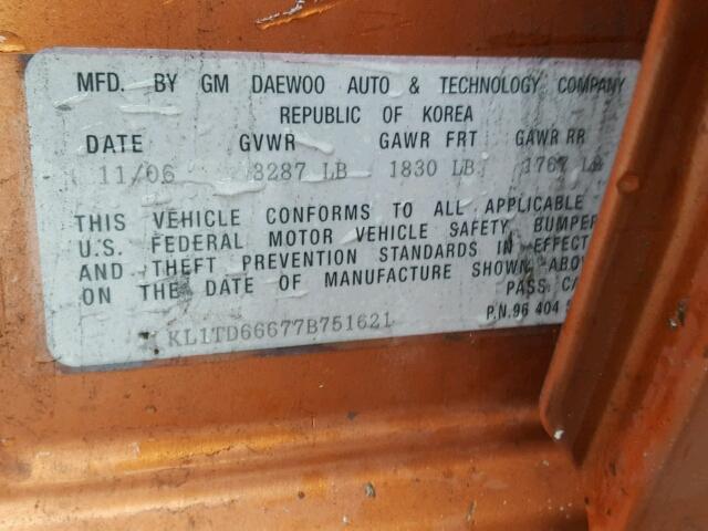 KL1TD66677B751621 - 2007 CHEVROLET AVEO BASE Қызғылт сары фото 10