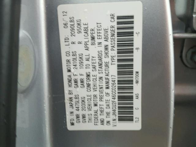 JH4CU2F46CC026417 - 2012 ACURA TSX SILVER photo 10