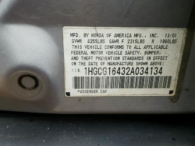 1HGCG16432A034134 - 2002 HONDA ACCORD LX SILVER photo 10