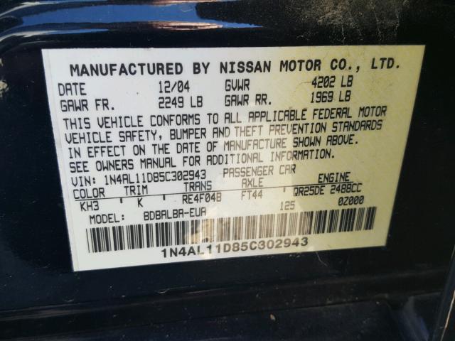 1N4AL11D85C302943 - 2005 NISSAN ALTIMA S BLACK photo 10