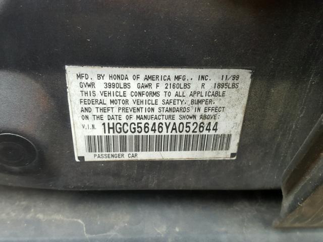 1HGCG5646YA052644 - 2000 HONDA ACCORD LX GRAY photo 10