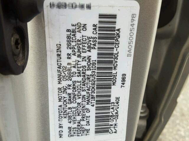 4T1BF30K62U531091 - 2002 TOYOTA CAMRY LE 银色 照片 10