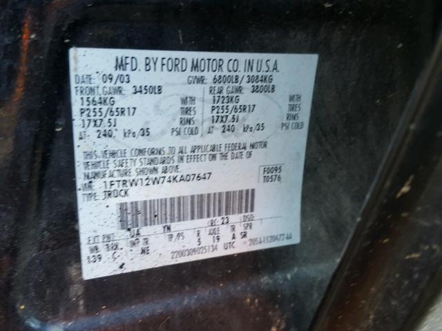 1FTRW12W74KA07647 - 2004 FORD F150 SUPER BLACK photo 10