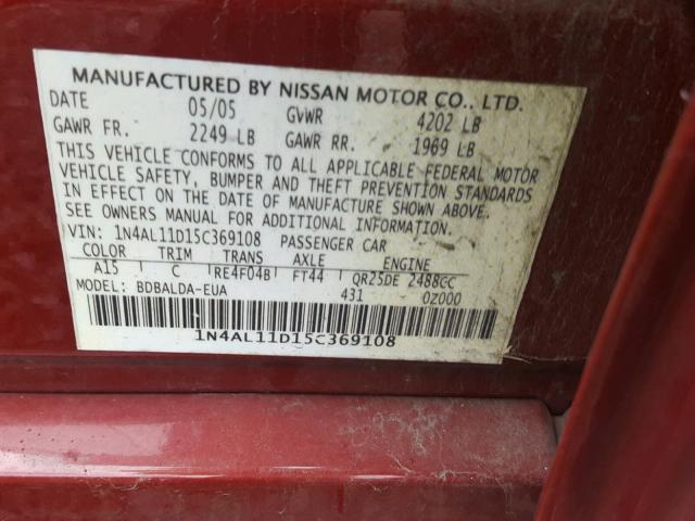 1N4AL11D15C369108 - 2005 NISSAN ALTIMA S RED photo 10