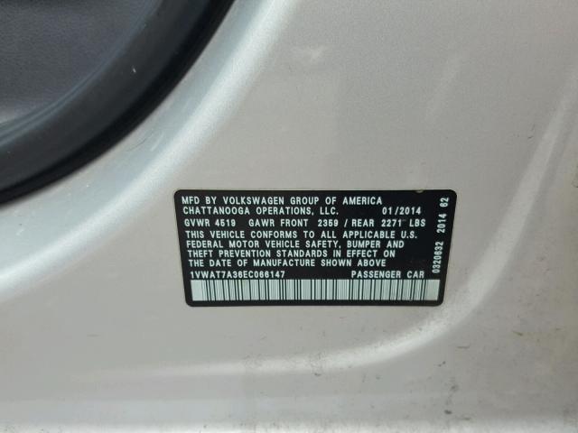 1VWAT7A36EC066147 - 2014 VOLKSWAGEN PASSAT S Արծաթագույն լուսանկար 10