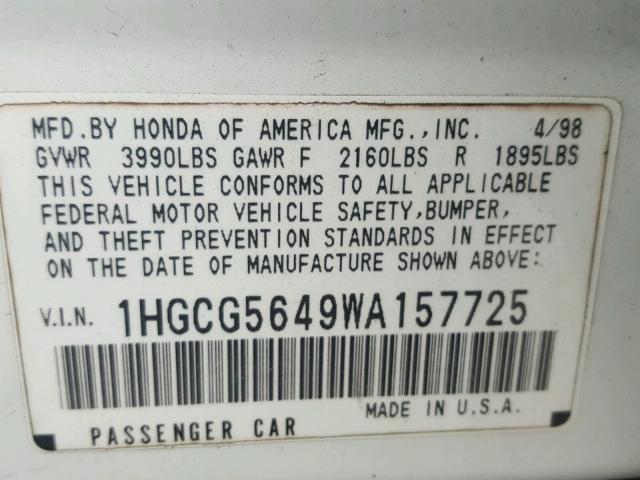 1HGCG5649WA157725 - 1998 HONDA ACCORD LX WHITE photo 10