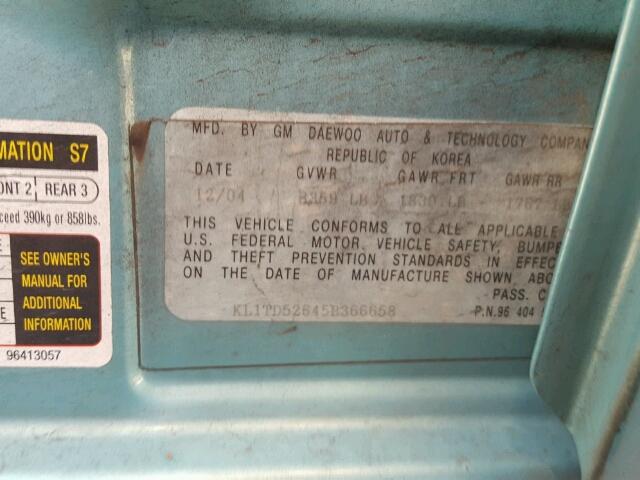 KL1TD52645B366658 - 2005 CHEVROLET AVEO BASE 青色 照片 10