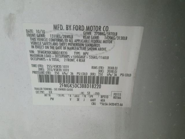 2FMGK5DC3BBD18220 - 2011 FORD FLEX LIMIT GRAY photo 10