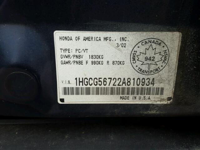 1HGCG56722A810934 - 2002 HONDA ACCORD SE BLUE photo 10