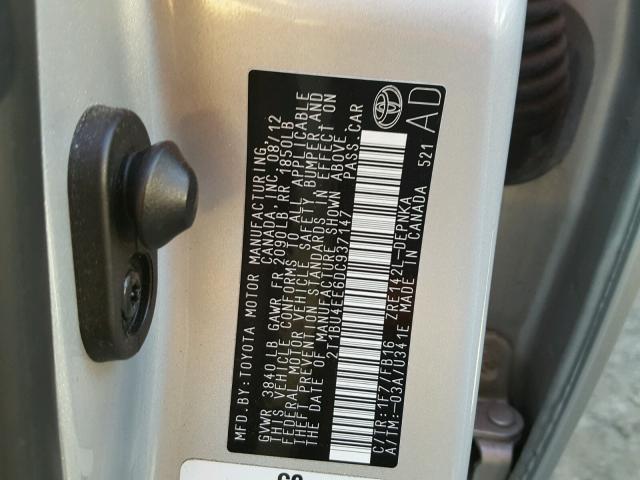 2T1BU4EE6DC937147 - 2013 TOYOTA COROLLA BA SILVER photo 10