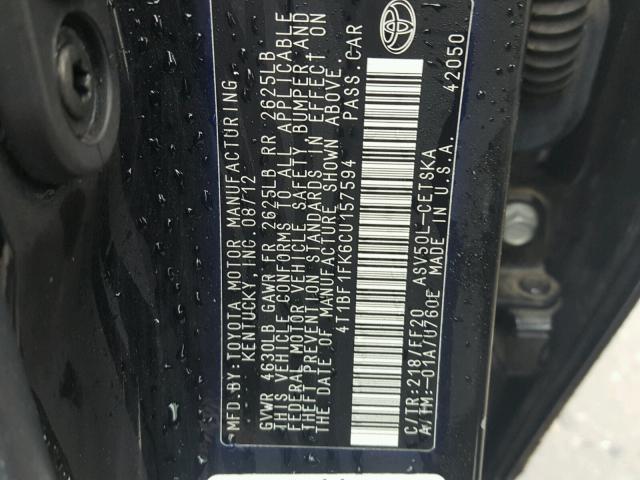 4T1BF1FK6CU157594 - 2012 TOYOTA CAMRY BASE BLACK photo 10