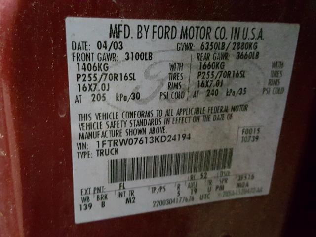 1FTRW07613KD24194 - 2003 FORD F150 SUPER RED photo 10