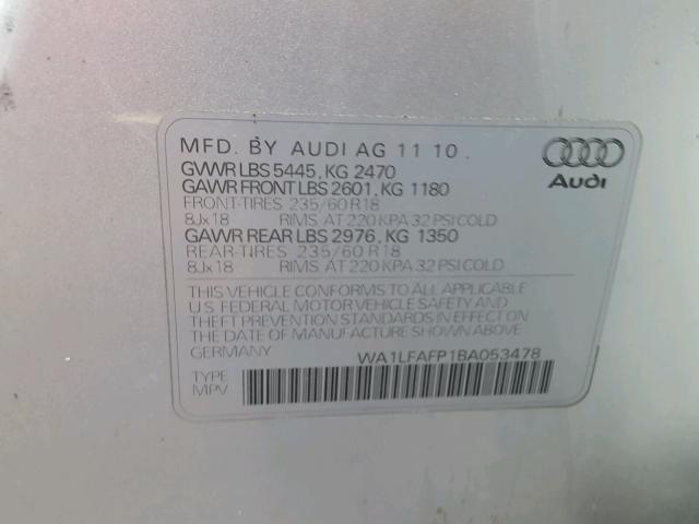 WA1LFAFP1BA053478 - 2011 AUDI Q5 PREMIUM SILVER photo 10