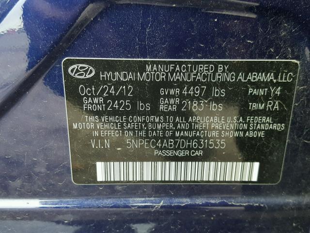 5NPEC4AB7DH631535 - 2013 HYUNDAI SONATA SE PURPLE photo 10