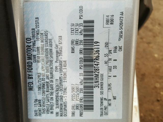 3LNHM28T47R636119 - 2007 LINCOLN MKZ ვერცხლისფერი ფოტო 10