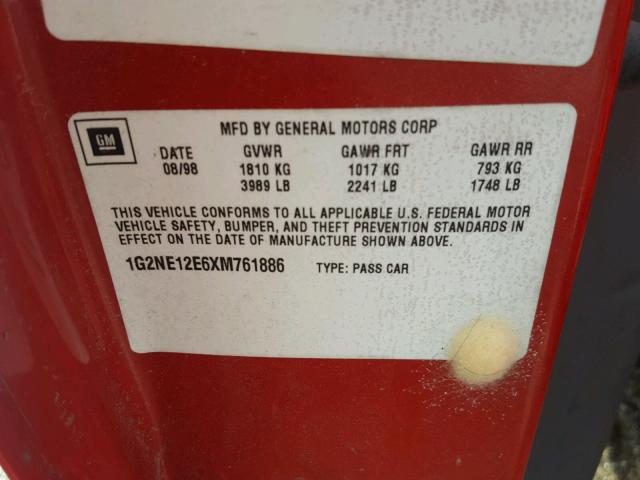 1G2NE12E6XM761886 - 1999 PONTIAC GRAND AM S წითელი ფოტო 10