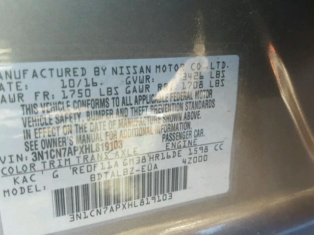 3N1CN7APXHL819103 - 2017 NISSAN VERSA S GRAY photo 10